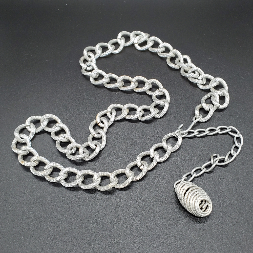 Silver chain belt, necklace w/ spiral charm tassle